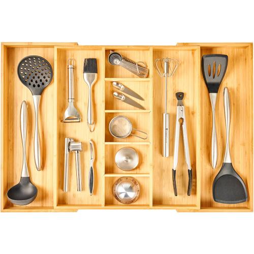 Umilife Extra Large Expandable Kitchen Drawer Organizer for Utensil and Junk, 19 Deep for Big Drawer, 17 to 28 Adjustable Bamboo Wood Drawer Divider, Cutlery Tray, Flatware Holder