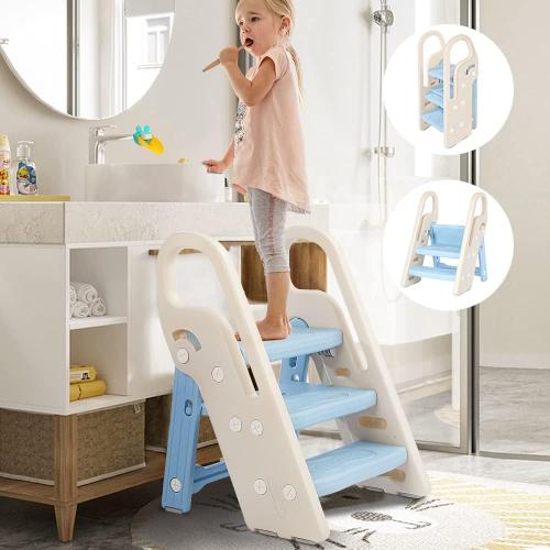Foldable Toddler Step Stool for Bathroom Sink, Adjustable 3 Step Stool for Kids Toilet Potty Training Stool with Handles, Child Kitchen Counter Stool Helper, Plastic Ladder for Toddlers Blue