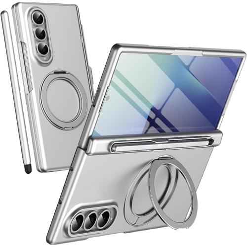 360° Spin Magnetic Stand for Galaxy Z Fold 3 Case, Hinge Protection, Fit for Mag-Safe, 360 Kickstand & Ring Holder, Case for Samsung Galaxy Z Fold3 with a Stylus Pen-Silver
