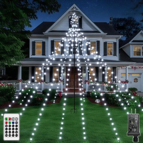Christmas Tree Lights 340LED with Topper Star, IP67 Waterproof Remote Control Waterfall Lights with Pole, 16 Modes 3 Timers Dimmable Christmas Decorations for Outdoor Yard (White)