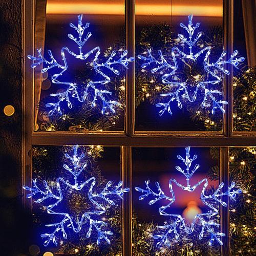 4 Pack Christmas Window Snowflake Lights, LED Hanging Decorations Iron Frame Lights, 8 Lighting Modes for Xmas Holiday Indoor Outdoor Wall Party Decor
