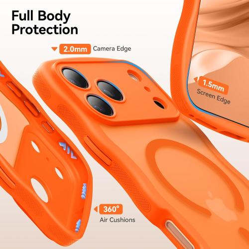 3 in 1 Magnetic for iPhone 17 Pro Max Case, Cute Wavy [Full Camera Protection][Fit for MagSafe] 1X Screen Protector 1X Wrist Strap, Anti-Slip Trendy Women Girly Case for iPhone 17 Pro Max 6.9, Orange