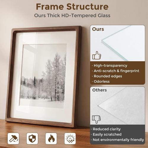 Dreamland 12x12 Picture Frame, USA-Sourced Walnut Wood Photo Frames with HD Tempered Glass, 12 x 12 Wooden Frame Matted to 8 x 8, 12x12 Frames Handcrafted Rounded Corner for Tabletop or Wall Display
