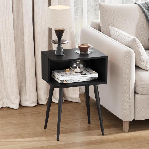 Black Nightstand Set of 2, Small Bed Side Table for Small Spaces, Mid Century Modern Nightstand End Table with Open Storage, Side Table for Bedroom Living Room, MLBZ20B-2