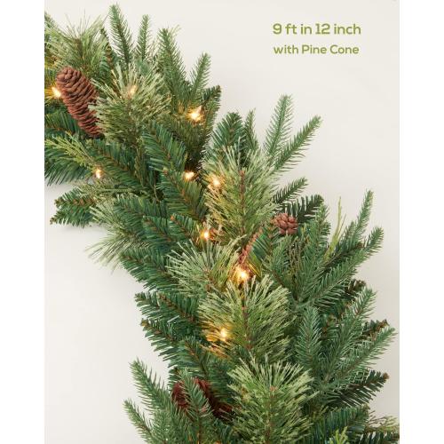 9Ft Pre-lit Christmas Garland with 50 LED Lights Battery Operated,Holiday Decoration Stairs Wall Mantle Door Indoor Outdoor