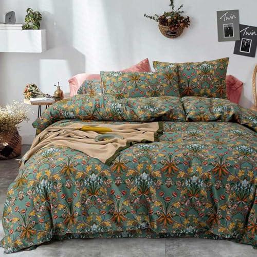 Bohemian Duvet Cover Queen Size - Boho Paisley Green Floral Pattern Printed Microfiber Comforter Cover Soft and Lightweight Quilt Cover, Retro Farmhouse Style for Women Men
