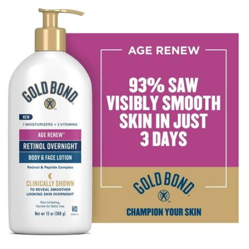 Gold Bond Age Renew Retinol Overnight Body Moisturizer and Face Lotion for Smoother Skin, 13 oz