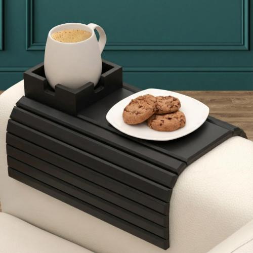 Bamboo Couch Cup Holder, Foldable Couch Armrest Table, Non-Slip Couch & Sofa Arm Tray for Drinks & Snacks (Black)