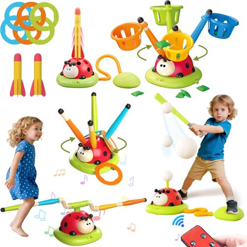 5 in 1 Musical Jump, Bean Bag Toss Ring Game, Baseball Toys and Stomping Launch Rocket Launcher for Kids Remote Control Indoor Outdoor Sports Toys for Kids Ages 4-8 3-5 Birthday Easter Gifts
