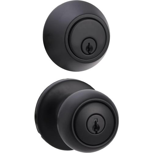 Amazon Basics Exterior Door Knob with Key Lock and Deadbolt, Keyed Alike, Coastal, Matte Black