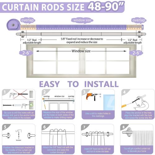 TVWOO Silver Wrap Around Curtain Rods:5/8 In Blackout Adjustable Window Curtain Rod for Bedroom Kitchen Apartment Renter Friendly,Room Darkening Curved Drapery Rods Easy Install,Antique Silver 48-90