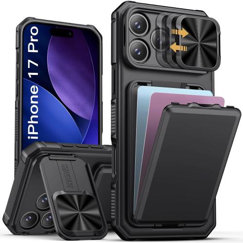 SSLOTSCASE for iPhone 17 Pro Case with Card Holder & Kickstand & Slide Camera Lens Cover & Camera Stand & Wallet, Military-Grade Heavy Duty Rugged Phone Case Cover for iPhone 17 Pro 6.3'' 2025, Black