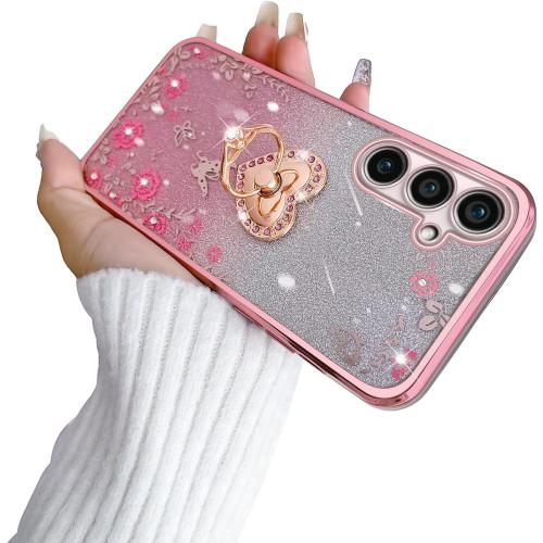 for Galaxy S23-FE Case, Samsung S23 FE Phone Case TPU Crystal Butterfly Heart Floral for Women Magnetic Shockproof with Kickstand [Glitter Card & Strap] Protection Cover for S23 FE 5G (Glitter Rose)