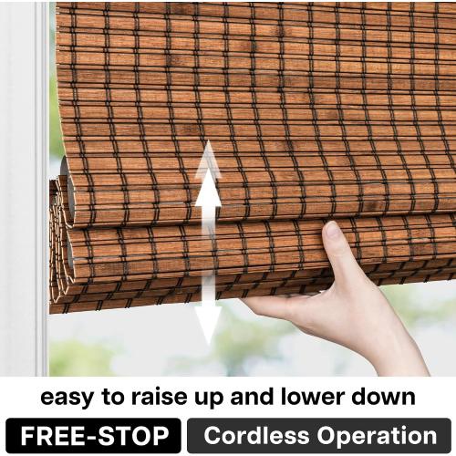 LazBlinds Cordless Blackout Bamboo Roman Shades, Room Darkening Blinds for Interior Windows, Thermal Insulated Roll Up Bamboo Blinds for Home & Patio, 29 W x 64 H, Penang Teak