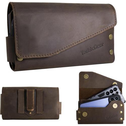 Brown Leather Double Phone Case for Two Phones, Double Phone Holster for Men Belt, Belt Clip Dual Phone Pouch for iPhone 16 Pro Max, Samsung Galaxy S23 Ultra, for Work, Construction, Large Brown