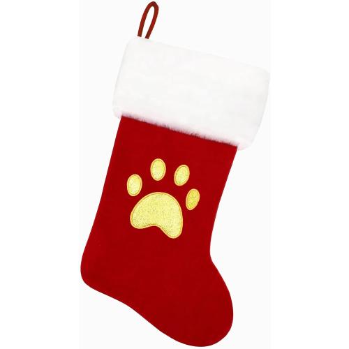 20 Inches Red Velvet with White Super Soft Plush Cuff Christmas Stockings, Xmas Personalized Embroidered Pets Paw Stockings for Family Holiday Decorations and Xmas Tree Fireplace