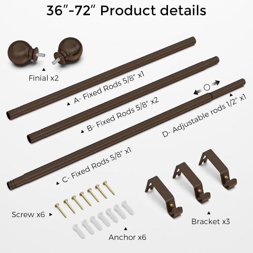 Bronze Curtain Rods 36 to 72 Inches(3-6 Feett),5/8 inch Splicing Drapery Rods,Small Curtain Rods Set,Size: 36''-72'',Bronze