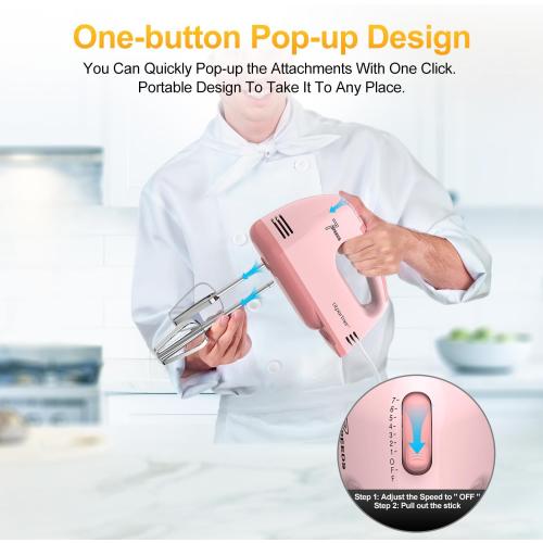 LILPARTNER Hand Mixer Electric, Ultra Power Kitchen Hand Mixer With 7-Speed & 5 Stainless Steel Accessories for Whipping Dough, Cream, Cake, Dishwasher Safe, Light Pink