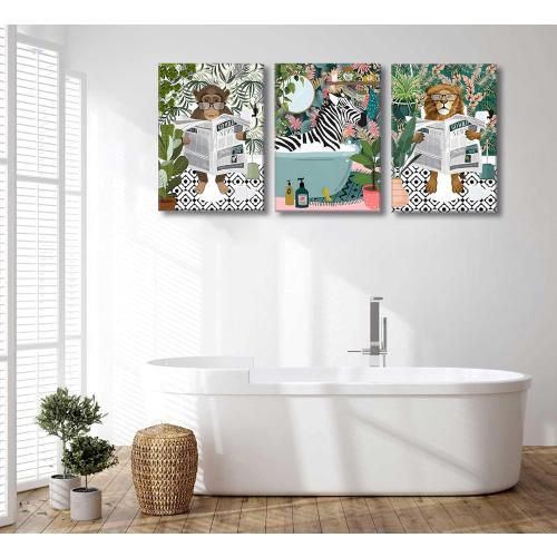 3Pcs Jungle Animal Bathroom Canvas Wall Art Zebra in Bathtub Pictures Lion Monkey on Toilet Reading Newspaper Paintings Funny Forest Animal Posters Prints for Restroom Wall Decor Framed