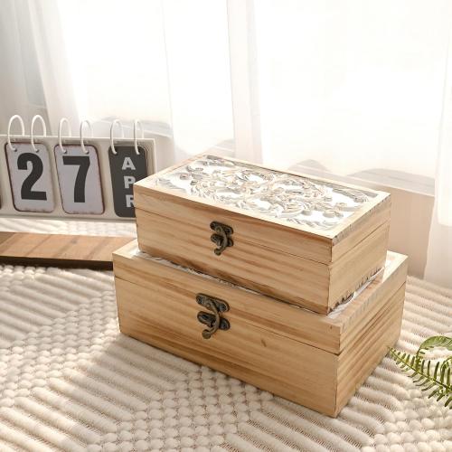 Wooden Storage Box Set of 2 - Hand Carved Floral Decorative Boxes