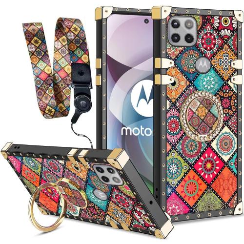 for Motorola Moto One 5G Ace Case (One 5G UW Ace) with Ring Kickstand Retro Mandala Flower Pattern Metal Reinforced Corners Shockproof Protection Cover for Moto G 5G