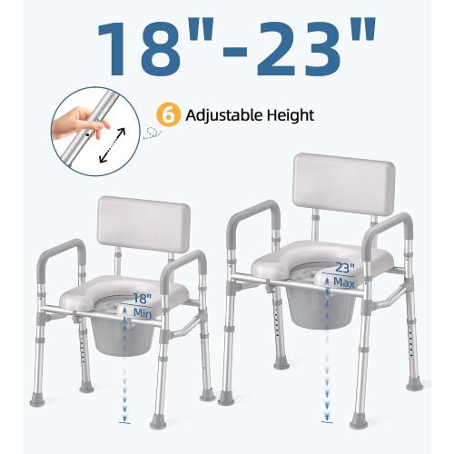 Bedside Commode with Padded Seat and Backrest, Aluminum Commode Toilet with Bucket, Easy Cleaning Portable Toilet for Adults and Seniors, 350 lb Capacity Enhanced Crossbar