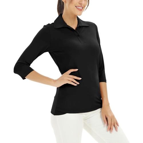 Size 2XL Women's 3/4 Sleeve V Neck Golf Shirts Moisture Wicking Performance Knit Tops Fitness Workout Sports Leisure Polo Shirt(Black,2XL)