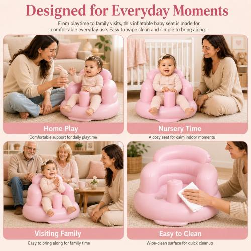 Mink Inflatable Baby Seat for Babies 3 Months & Up, Blow Up Floor Baby Chair with Back Support, Fence & Built-in Air Pump, Sit Me Up Inflatable Chair for Sit Training, Feeding, Travel (Pink)