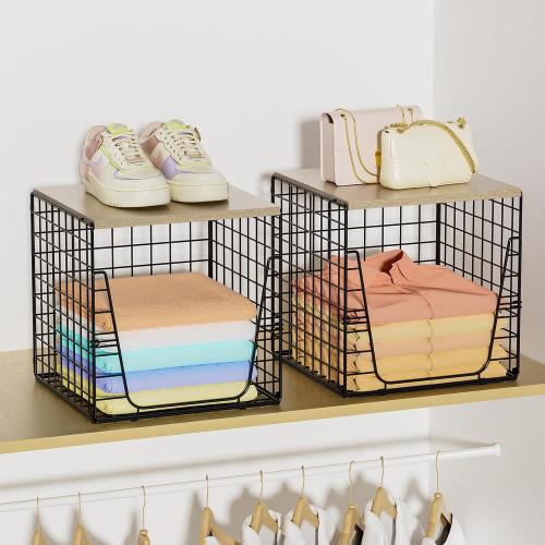 SWTYMIKI 2PCS Closet Organizers and Storage - Stackable Closet Basket with Wood Top Shelf, Clothes Storage Shelves, Clothes Drawer Bins for Wardrobe, Bedroom, Entryway, Black