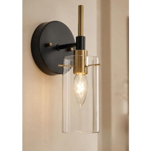 Modern Farmhouse 1-Light Black Gold Wall Sconce Light Fixture with Glass Shade