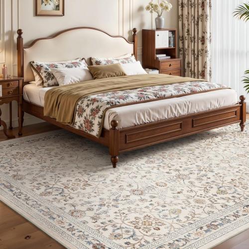 MontVoo-Vintage Area Rug 8X10 Color Beige for Living Room - Soft Distressed Printed Carpet for Bedroom - Non Slip, Machine Washable for Dining Room, Bedside, Office