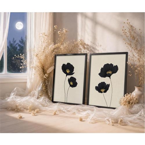 Minimalist Black Gold Flower Bathroom Wall Art Poppy Botanical Art Print