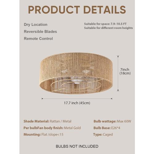 Boho Rattan Caged Fandelier Ceiling Fans with Lights and Remote Control