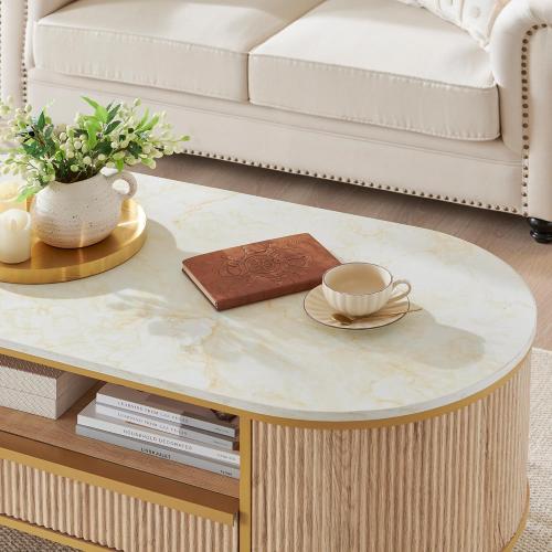 Modern Luxury Fluted Coffee Table, 48 Oval Coffee Table with Drawer, Faux Marble Top, Curved Profile Design, Gold Metal Decor, Center Table for Living Room Natural Oak