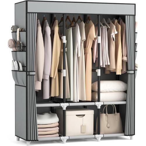 VTRIN Portable Closet Wardrobe for Hanging Clothes Closet with Cover, 3 Hanging rods, 6 Storage Shelves and Side Pocket, Diameter 19mm Metal Pipe, Sturdy Free Standing Closet for Bedroom