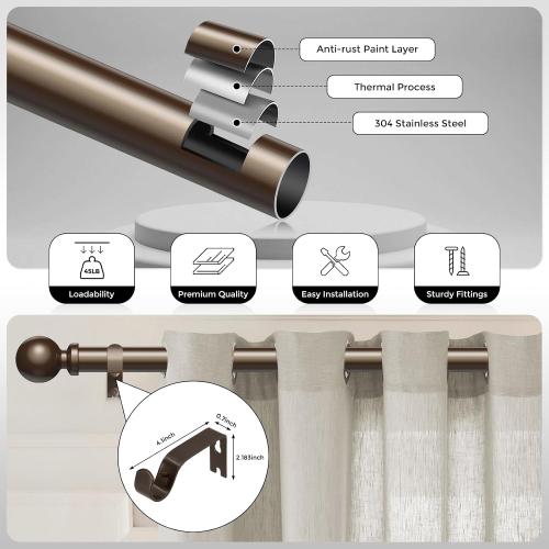 Bronze Curtain Rod 36-91 Inch, 1 Inch Adjustable Heavy Duty Curtain Rods for Windows, Decorative Modern Window Treatment Rods, Telescopic Splicing Metal Drapery Pole, Easy Installation