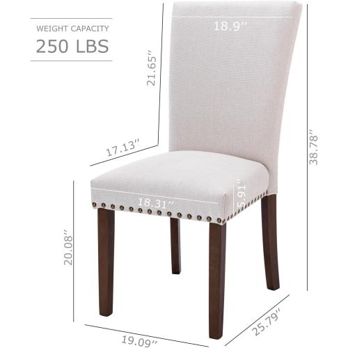 COLAMY Upholstered Parsons Dining Chairs Set of 2, Fabric Dining Room Kitchen Side Chair with Nailhead Trim and Wood Legs - Beige,No Table