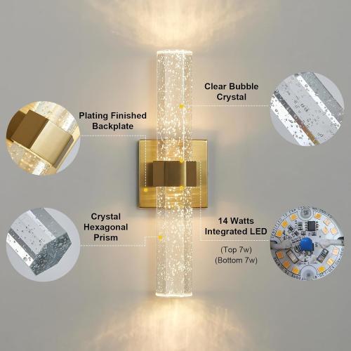 Epinl Gold Wall Sconces Set of Two - Bathroom Sconces Wall Lighting 14W Dimmable LED Crystal Wall Light with Bubble Glass 15.7inch Indoor Vanity Lights for Bathroom Hallway Bedroom (2 Pack)
