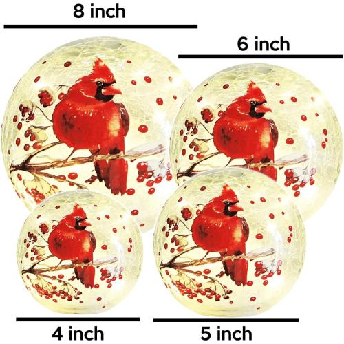 Crackle Glass Ball Cardinal Light Up Red Bird Stained Glass Christmas Decor Accent Lamp, Lighted Globe Table Orb Night Light, Mother's Day Gifts, LED Sphere Desk