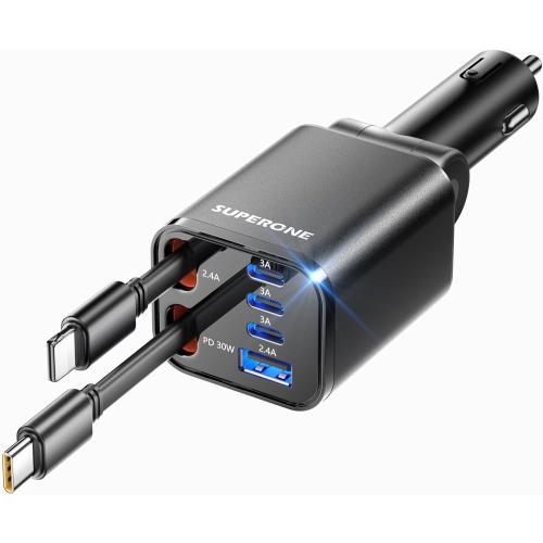 Retractable Car Charger, SUPERONE 99W Car Phone Charger with Dual Cables