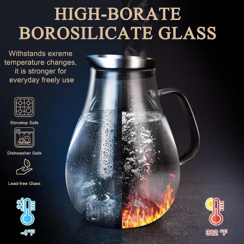 SUSTEAS 2 Liter 68oz Glass Pitcher with Lid and Handle, Borosilicate