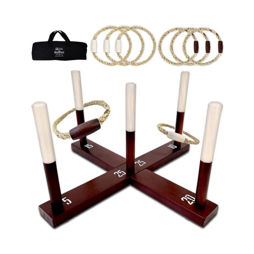 SWOOC Rustic Ring Toss Outdoor Game (All Weather) - 15  Games Included - Vintage Wood & Rope Ring Toss Yard Game - Toss Game - Brown - Medium