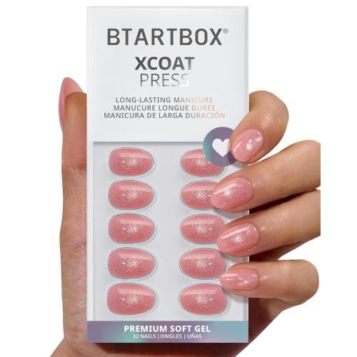 BTArtbox Press On Nails, Extra Short Almond Pink Cat Eye Nails, 32Pcs Kit
