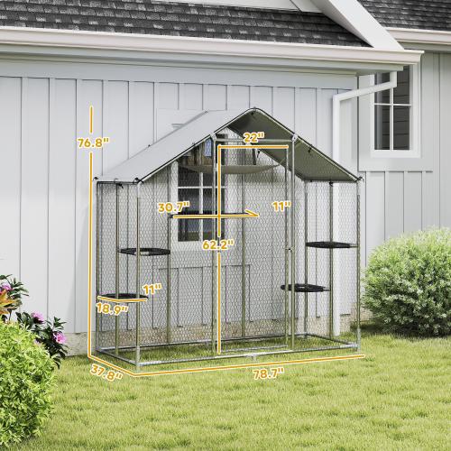 PawHut Large Catio Outdoor Cat Enclosure with Waterproof Cover, Walk-in Cat Patio w/ 5 Adjustable Platforms & Hammock