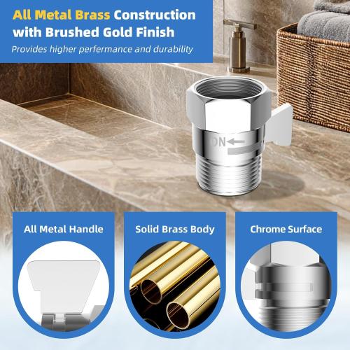 Hibbent All Metal 1 Pack Shower Head Flow Control Valve, G1/2 Brass Shut-off Valve with Metal Handle Lever, Shut OFF Water Flow Control Regulator for Handheld Shower, or Bidet Sprayer, Chrome
