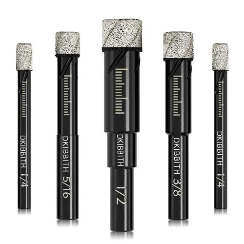 Dry Diamond Drill Bits Set, 5 Pcs Tile Drill Bits for Porcelain, Ceramic, Granite, Marble, Stone, Glass Hard Materials, Round Shank 1/4, 5/16, 3/8, 1/2 Drill Bits, with Storage Case