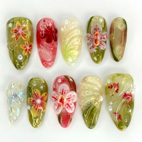 24Pcs Colorful Flowers Press on Nails Almond Medium Glossy Acrylic Fake Nails with 3D Pearl Design Glossy Green Flower False Nails Full Cover Artificial Nail Cute Stick on Nails for Women DIY