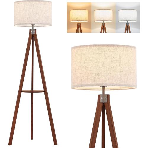 ELYONA Mid Century Floor Lamp with 3 Color Temperatures LED Bulb, Modern Wood Tripod Table Reading Standing Light, Wooden Shelf Floor Lamp for Farmhouse Living Room Bedroom Office Linen Shade Brown