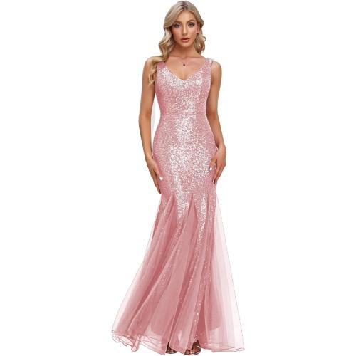 Size L Updated Women's Double V Neck Long Sequined Mermaid Dress Formal Dress Bridesmaid Party Dress