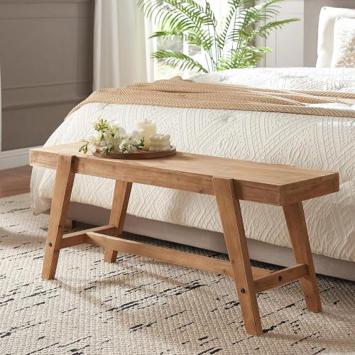 Farmhouse Solid Wood Entryway Bench – 43.4 Inches Rustic Long Bench, Dining Bench with Angled Legs, Hand-Finished Natural Grain, for Foyer, Hallway, Bedroom